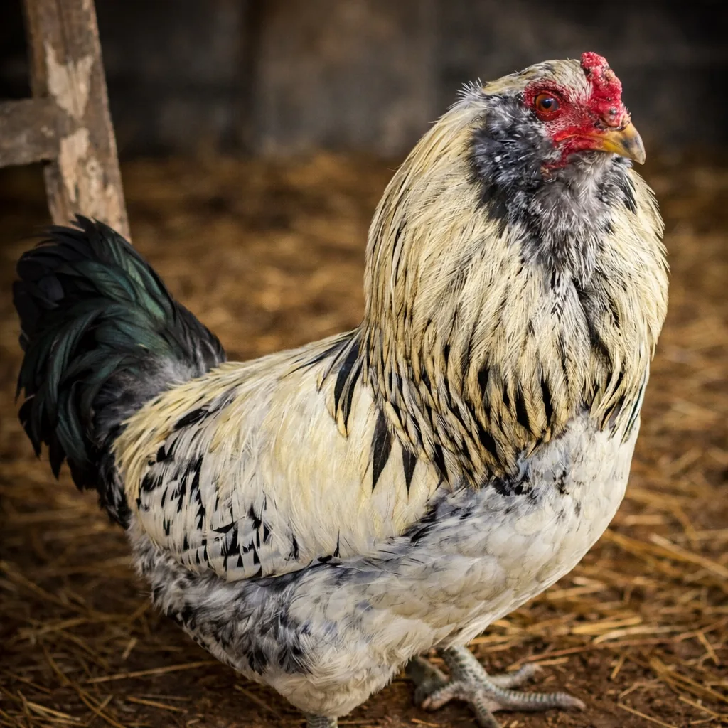 Light-feathered chicken with dark neck markings.